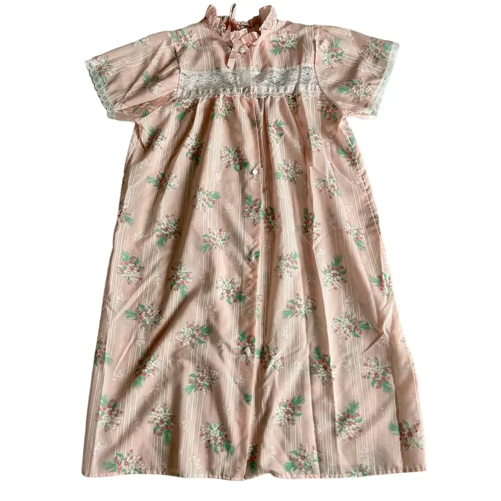 Vintage Ballet New York Pink Floral Nightgown Lace Yoke Short Sleeve Cottagecore - Picture 5 of 10